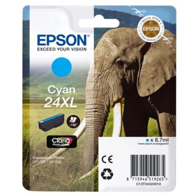Epson Elephant 24XL Claria Photo Hd Ink, High Yield Ink Cartridge, Cyan Single Pack, T24324010 Epson Elephant 24XL Claria Photo Hd Ink, High Yield Ink Cartridge, Cyan Single Pack, T24324010